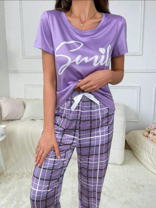 Purple Smile Printed Half Sleeves Shirt And Check Printed Trouser Night Wear