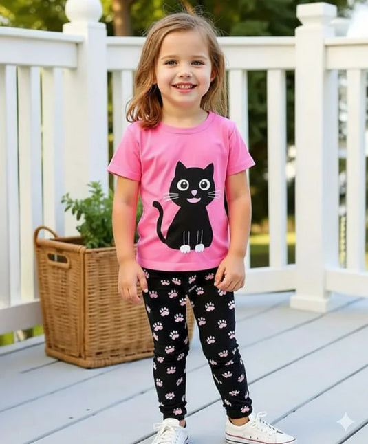 Pink With Black Cat Printed Kids Suit