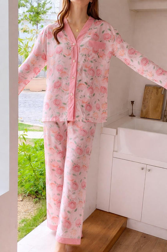 Baby Pink Flower Printed Front Button Night Wear