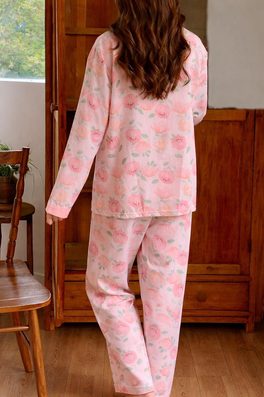 Baby Pink Flower Printed Front Button Night Wear