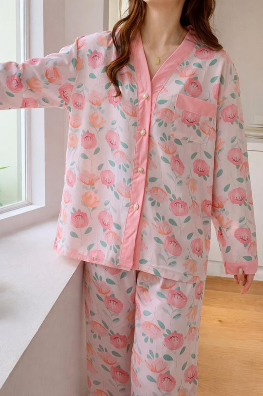 Baby Pink Flower Printed Front Button Night Wear