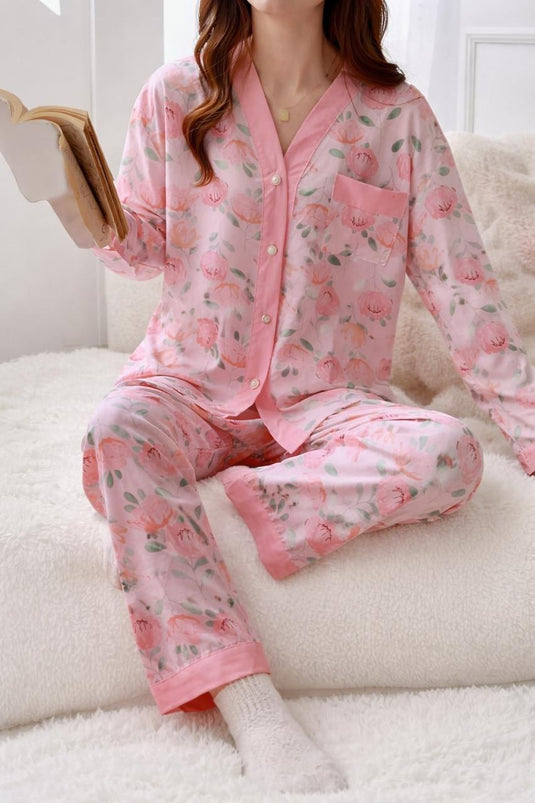 Baby Pink Flower Printed Front Button Night Wear