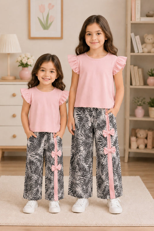 Baby Pink Frill Sleeves Shirt and Side Bow Leaf Printed Kids Wear
