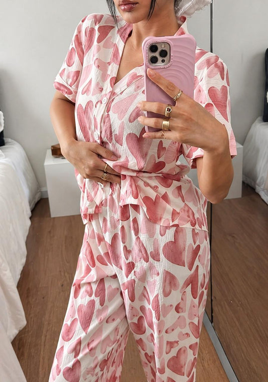 Rose Pink All Over Big Hearts Printed Front Button Night Wear