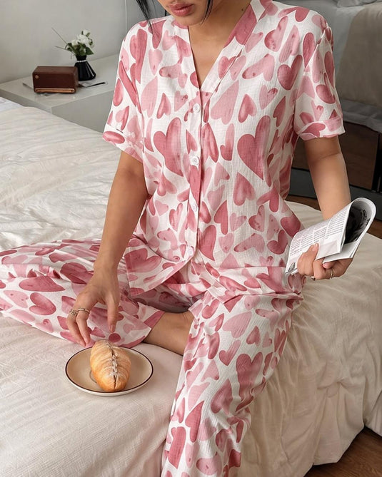 Rose Pink All Over Big Hearts Printed Front Button Night Wear