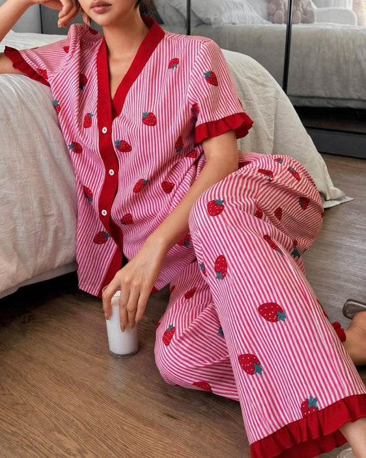Pink With Red Strawberry Printed Front Button Night Wear