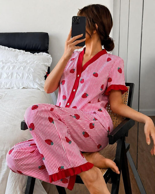 Pink With Red Strawberry Printed Front Button Night Wear