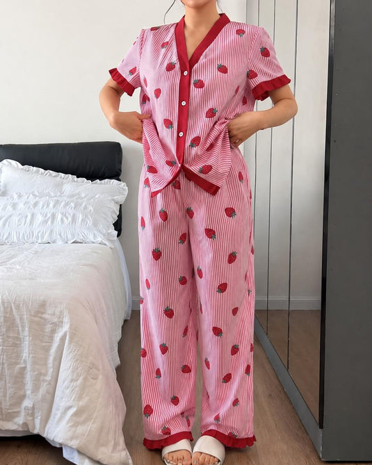 Pink With Red Strawberry Printed Front Button Night Wear