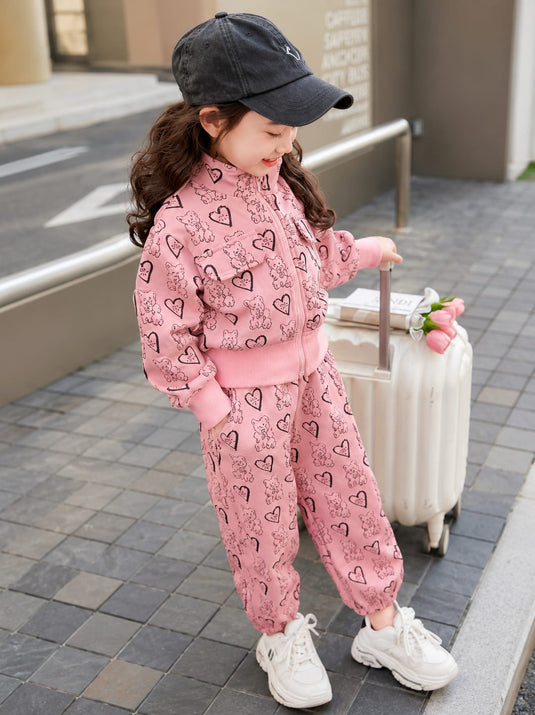 Pink Bears and Hearts Printed Zipper Kids Track Suit