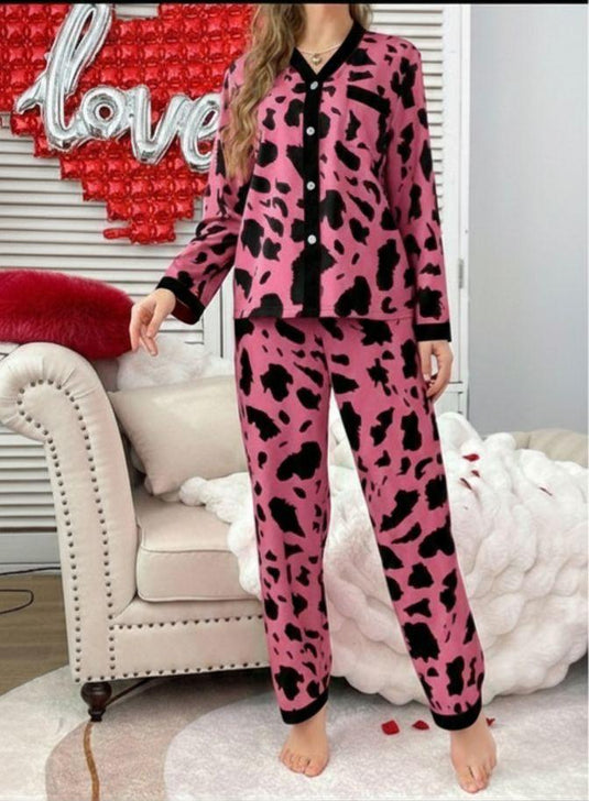 Shocking Pink With Black Cheetah Printed Front Button Night Wear