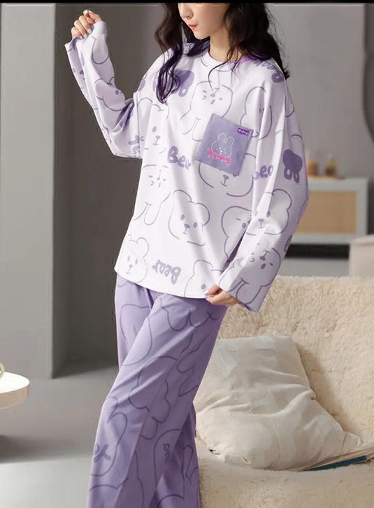 Purple Bears Printed Full Sleeves Shirt and Printed Trouser Night Wear