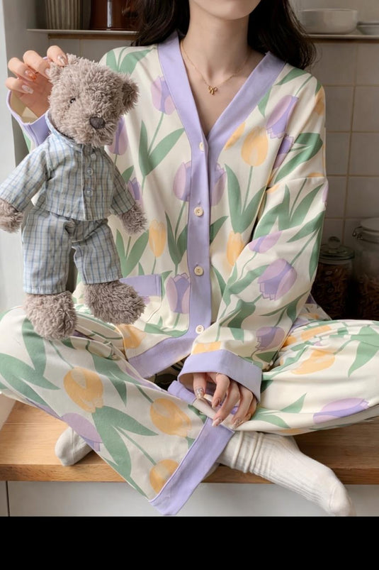 Purple Flower Printed Front Button Night Wear