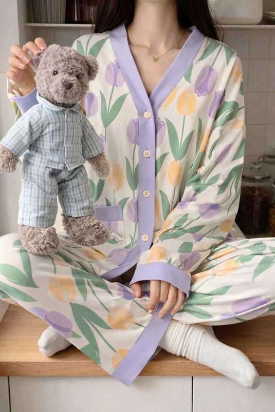 Purple Flower Printed Front Button Night Wear