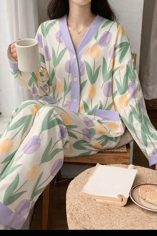 Purple Flower Printed Front Button Night Wear