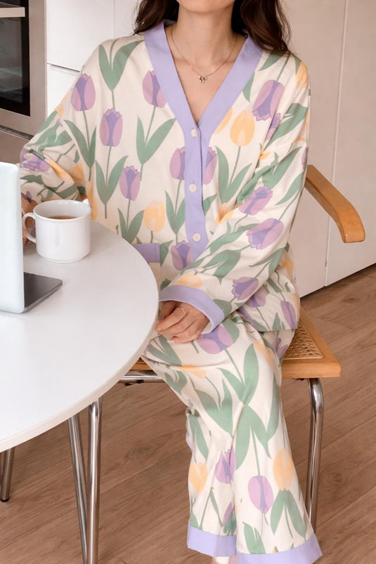 Purple Flower Printed Front Button Night Wear