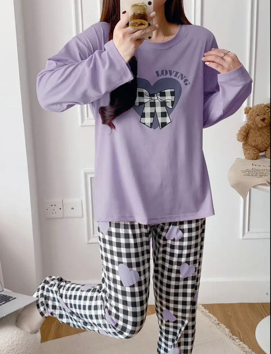 Purple Loving Heart Printed Full Sleeves Shirt and Printed Trouser Night Wear
