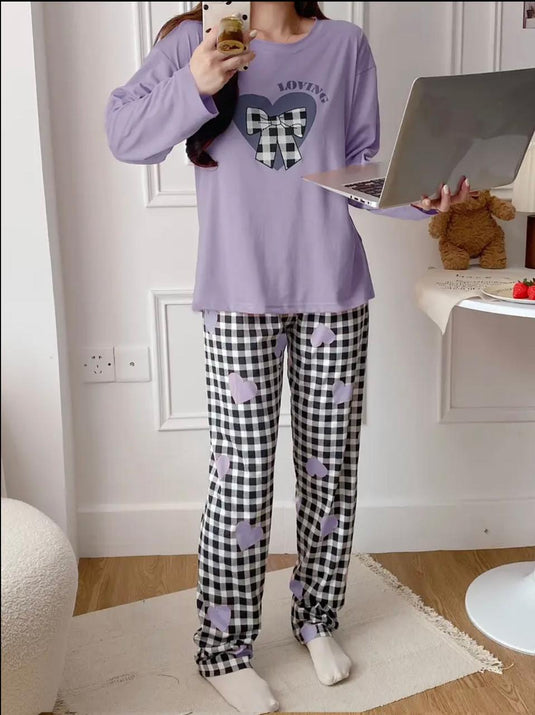 Purple Loving Heart Printed Full Sleeves Shirt and Printed Trouser Night Wear
