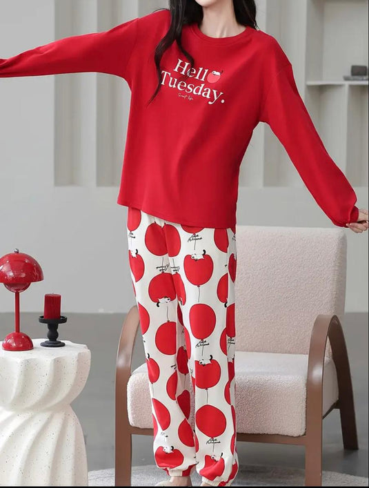 Red Hello Tuesday Printed Full Sleeves Shirt and Printed Trouser Night Wear