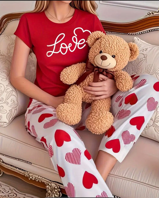 Red Love Printed Half Shirt and Printed Trouser Night Wear