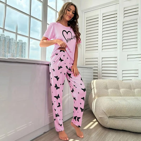 Pink Heart Mom Life Half Sleeves Shirt And Butterfly Printed Trouser Night Wear