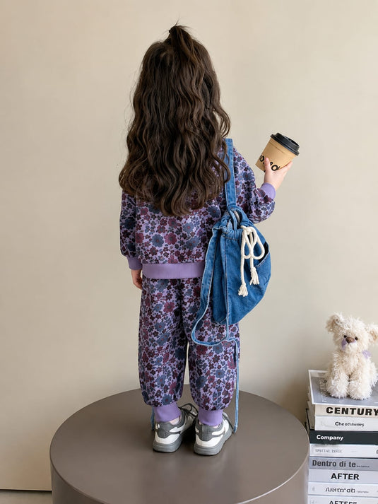 Purple Floral Printed Kids Track Suit
