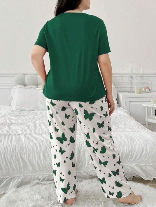 Green Butterfly Printed Half Sleeves Shirt and Butterfly Printed Trouser Night Wear