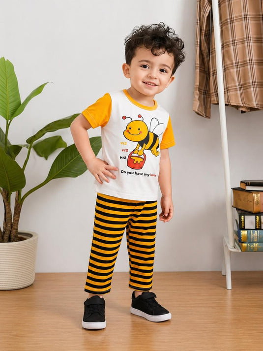 White Yellow Honey Bee Printed Shirt & WIth Printed Trouser Kids Suit