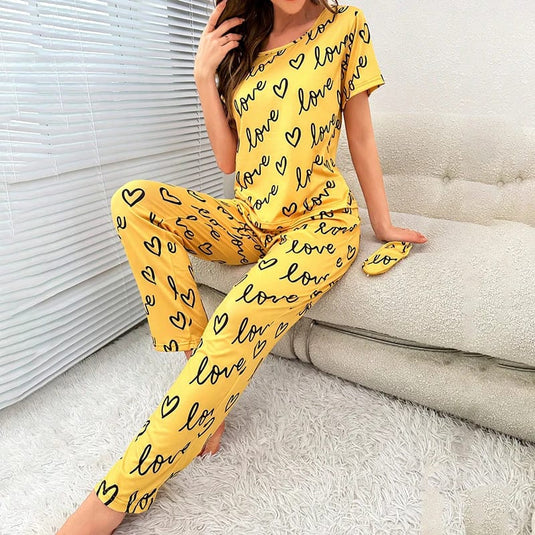 Yellow Love Printed Half Sleeves T-Shirt and Love Printed Trouser Night Wear