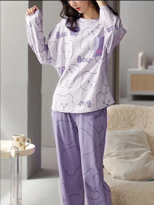 Purple Bears Printed Full Sleeves Shirt and Printed Trouser Night Wear