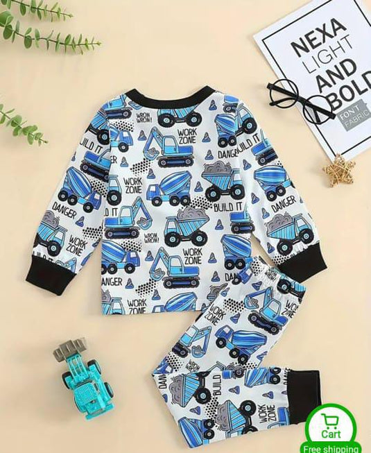 White and Blue Truck Printed Kids Suit