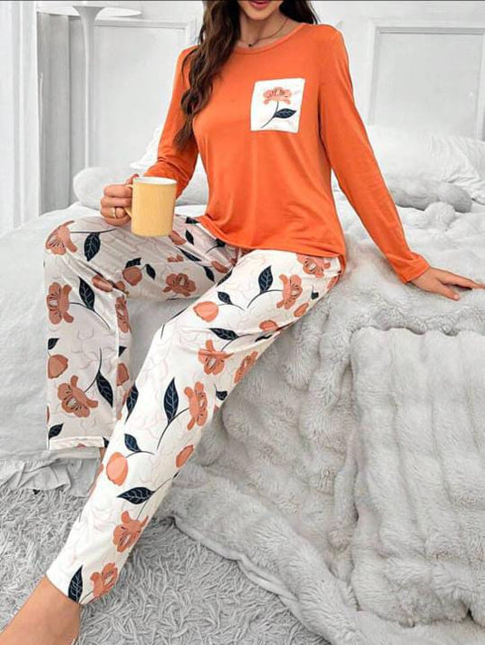 Orange Pocket Flower Printed Full Sleeves Shirt And Flower Printed Trouser Night Wear