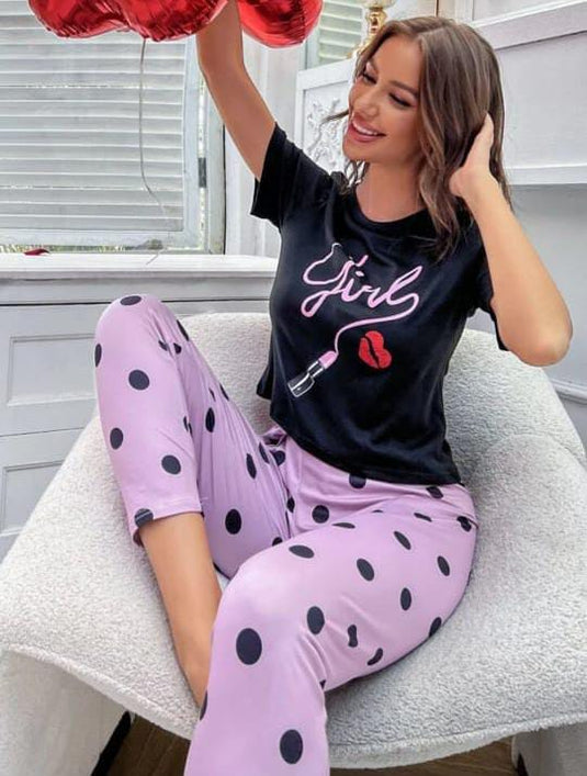 Black Girls Lips Printed Half Sleeves Shirt And Printed Trouser Night Wear