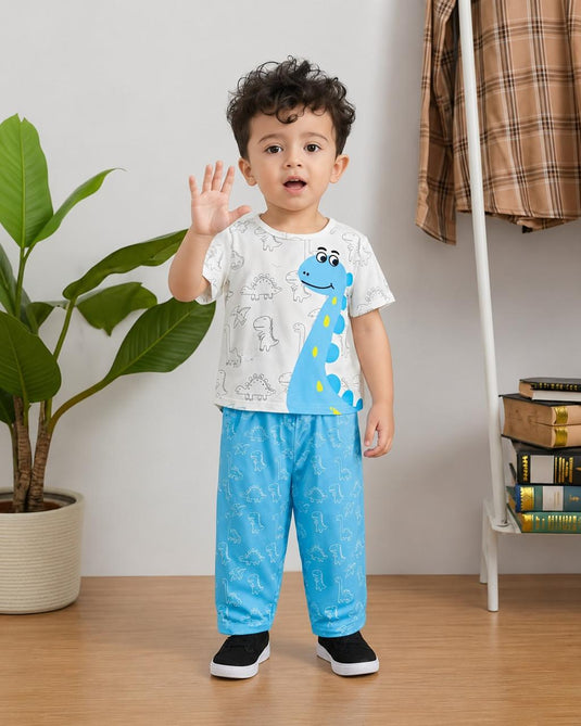 White Blue Dino Printed Shirt & WIth Trouser Kids Suit