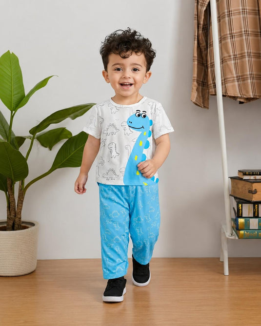White Blue Dino Printed Shirt & WIth Trouser Kids Suit