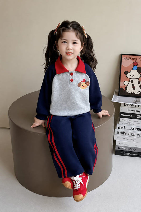 Navy Blue and Grey Puppy Printed Kids Track Suit