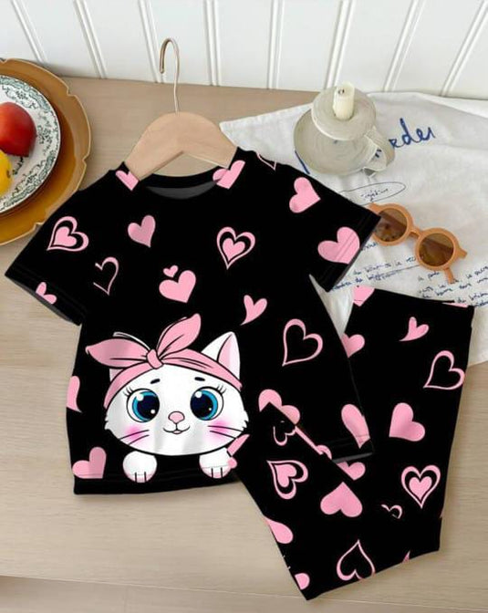 Black White Kitty With Pink Hearts Printed Kids Suit