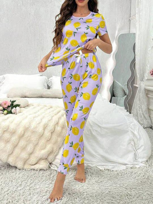 Purple Malta Printed Half Sleeves Shirt And Malta Printed Trouser Night Wear