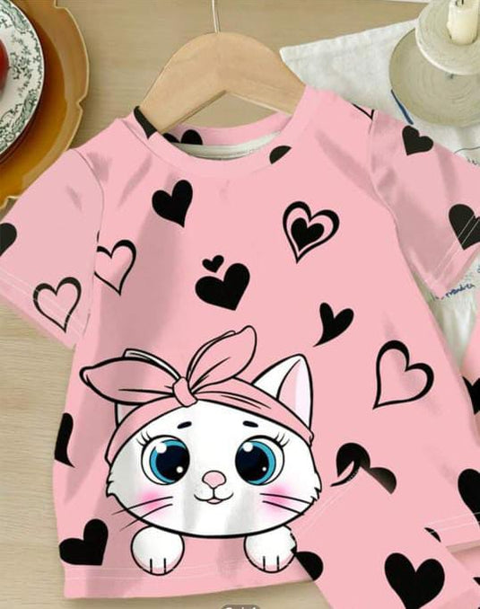 Pink Kitty With Black Hearts Printed Kids Suit