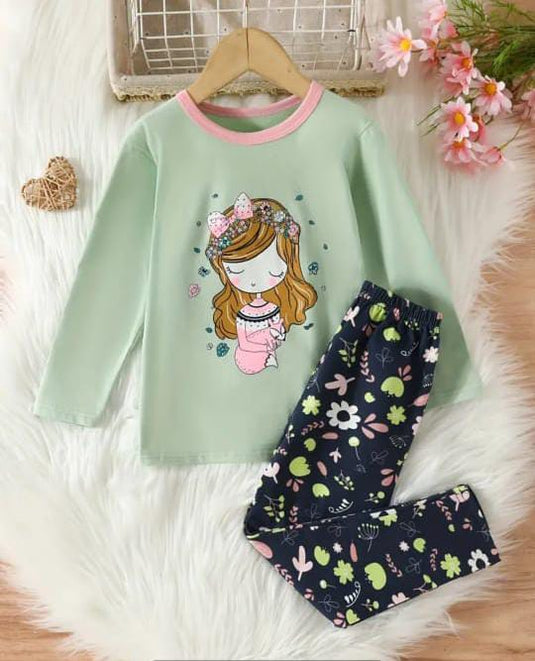 Green Doll With Pink Neck Printed Kids Suit