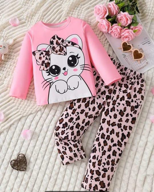 Pink Cat Printed Kids Suit