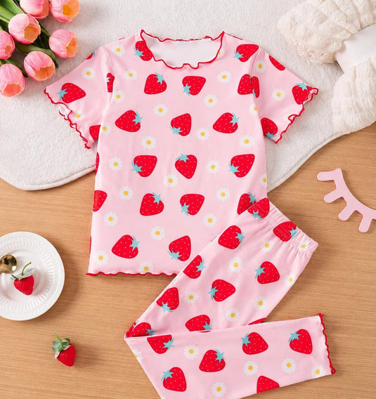 Pink Strawberry Printed Shirt & WIth Printed Trouser Kids Suit