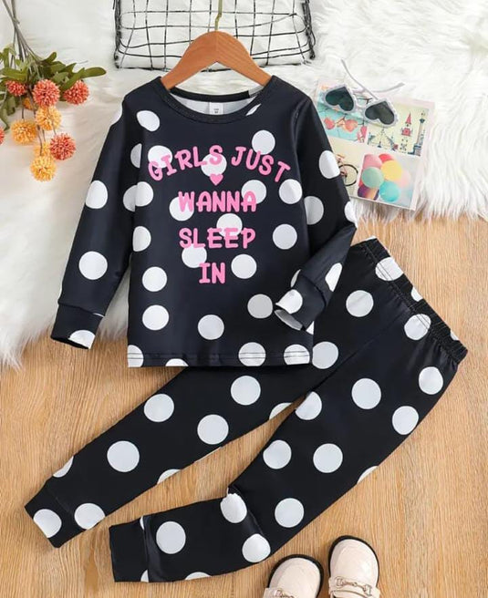 Black With White Polka Dots Printed Kids Suit