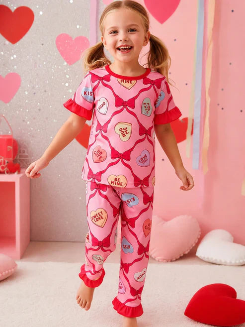 Pink With Red Bow and Hearts Printed Shirt & WIth Printed Trouser Kids Suit