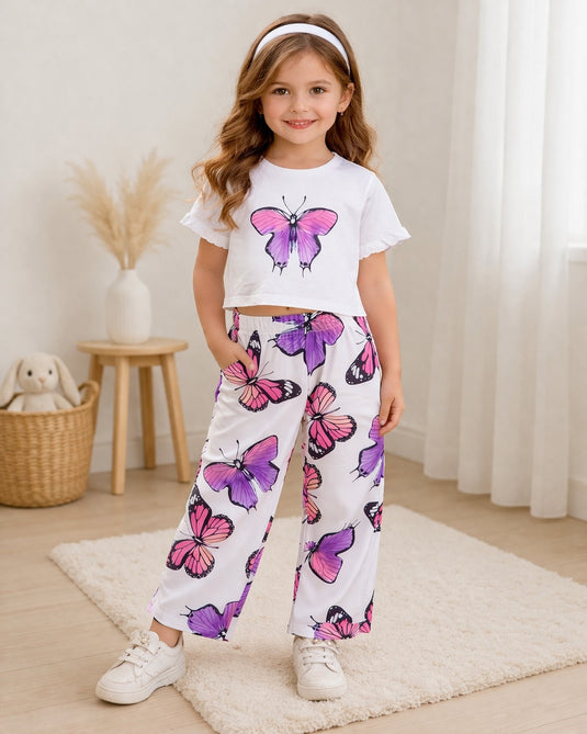 White Butterfly Printed Shirt & Butterfly Printed Trouser Kids Suit