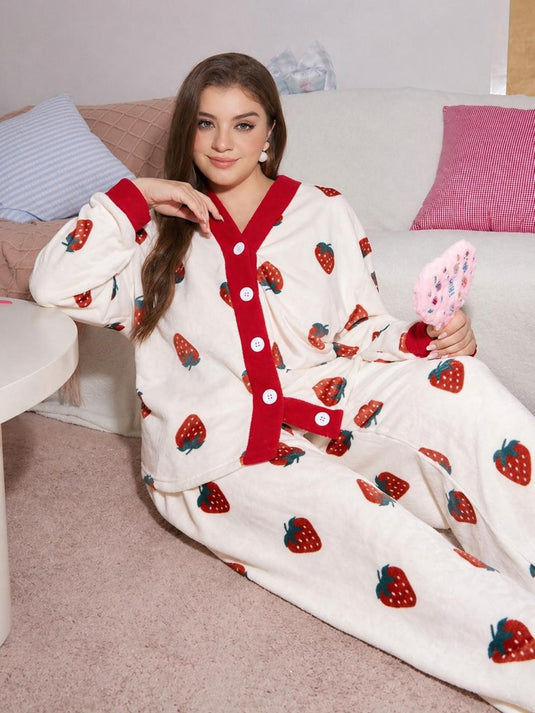White With Red Strawberry Printed Front Button Night Wear