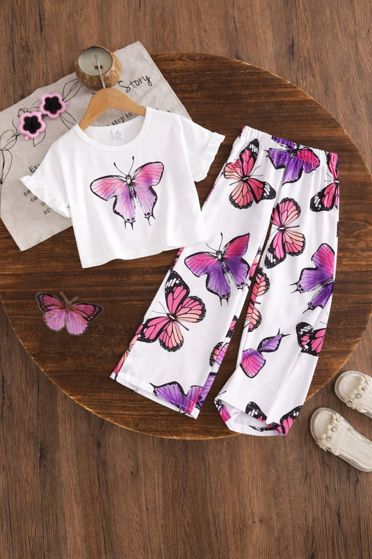 White Butterfly Printed Shirt & Butterfly Printed Trouser Kids Suit