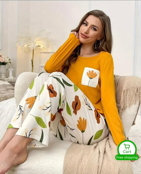 Yellow Flower Pocket Printed Full Sleeves Shirt and Printed Trouser Night Wear