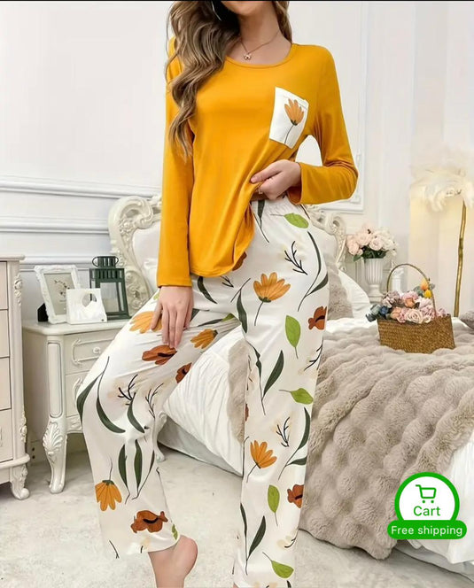 Yellow Flower Pocket Printed Full Sleeves Shirt and Printed Trouser Night Wear