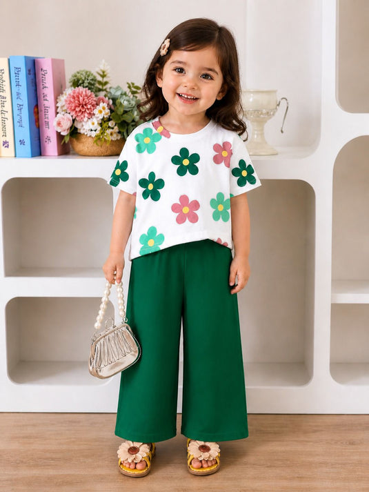 White Flowers Printed Shirt & With Green Plain Trouser Kids Suit
