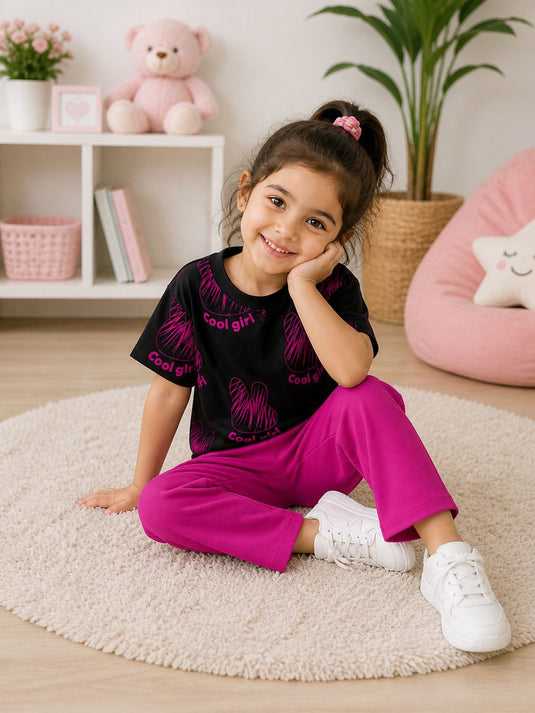 Black Cool Girl Printed Shirt & With Purple Plain Trouser Kids Suit